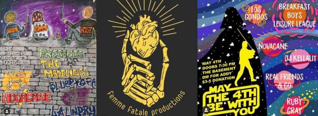 (From L to R) The poster for the first Femme Fatale Productions show, by @kayapapayyaa; Femme Fatale's first logo, by @kill3r.kraft; Event poster, by @staceyfromrussia