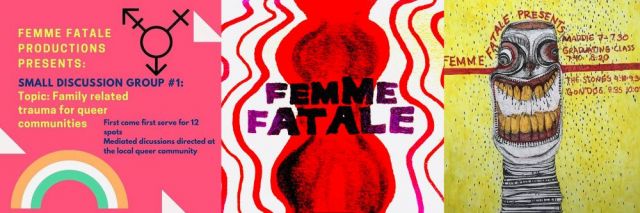 Event poster, Rhuby Noriyuki; Femme Fatale's new logo, by @lonedyke; Event poster, picanteperosabrosa